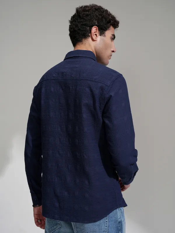 Highlander Men Navy Blue Self Design Slim Fit Casual Shirt
