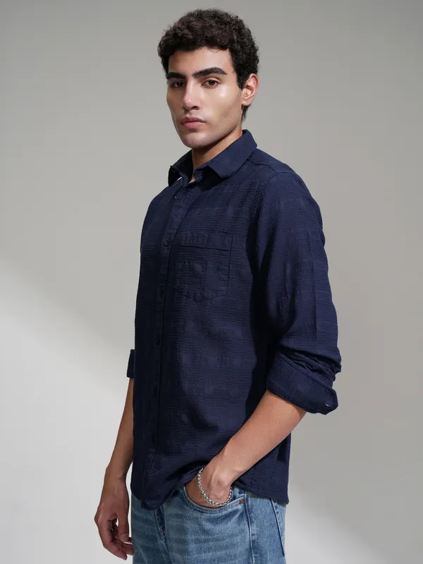 Highlander Men Navy Blue Self Design Slim Fit Casual Shirt