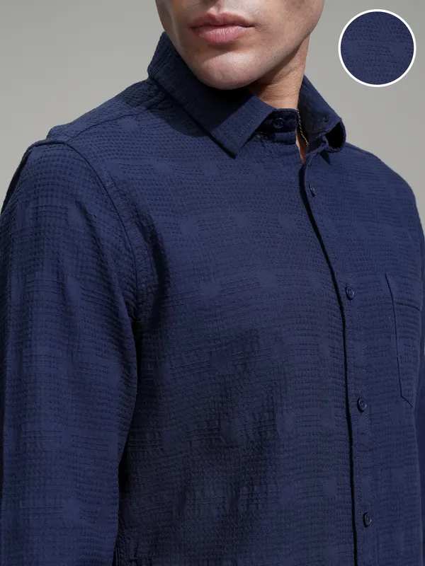 Highlander Men Navy Blue Self Design Slim Fit Casual Shirt