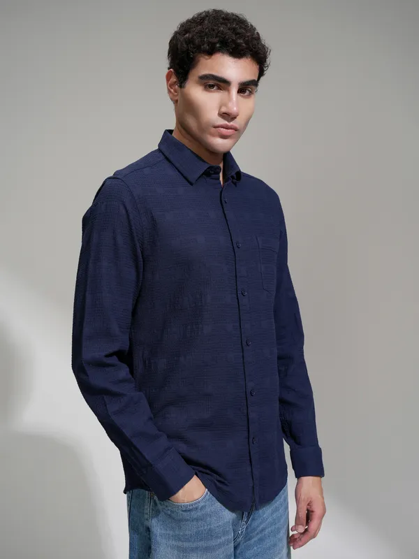 Highlander Men Navy Blue Self Design Slim Fit Casual Shirt