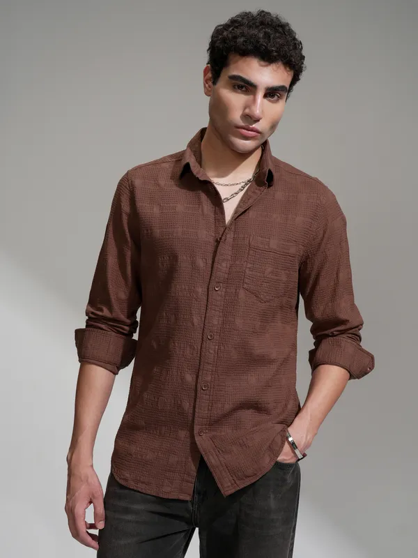 Highlander Men Coffee Brown Self Design Slim Fit Casual Shirt