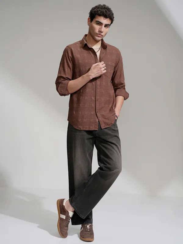 Highlander Men Coffee Brown Self Design Slim Fit Casual Shirt