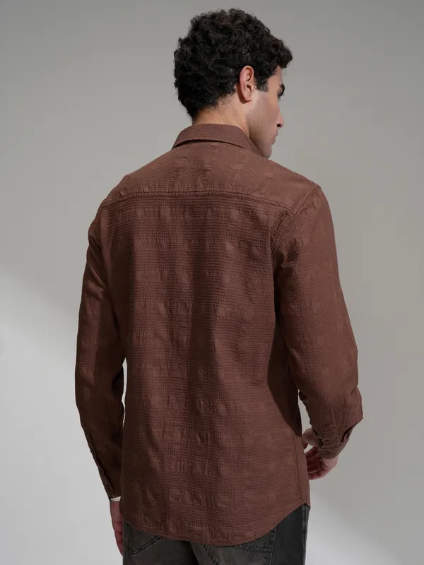Highlander Men Coffee Brown Self Design Slim Fit Casual Shirt