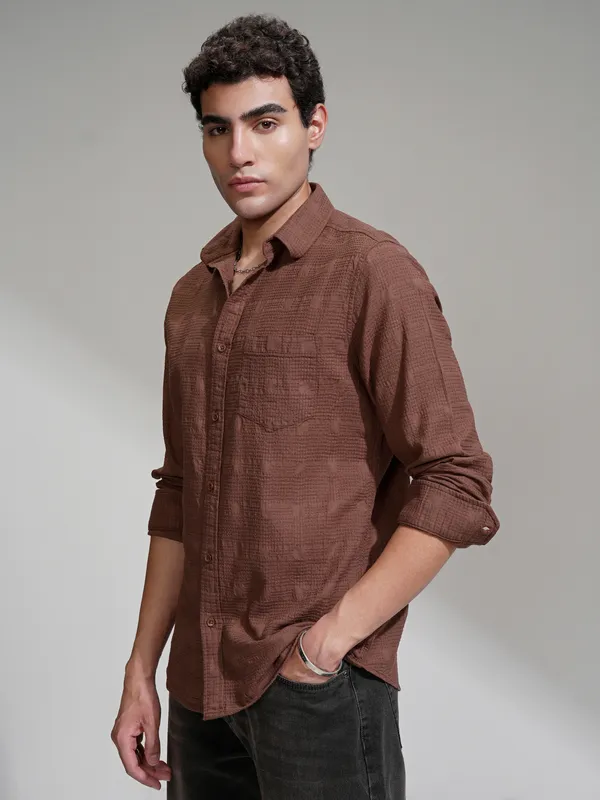 Highlander Men Coffee Brown Self Design Slim Fit Casual Shirt