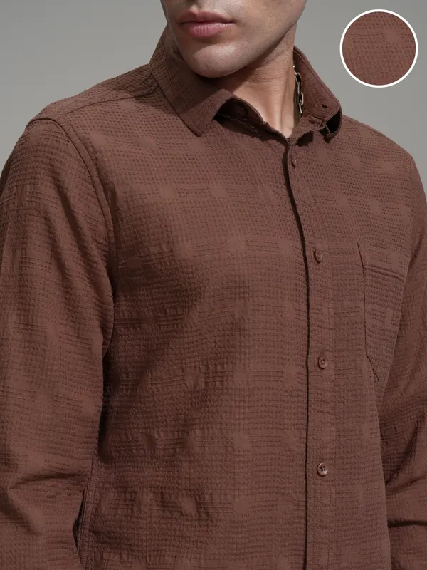 Highlander Men Coffee Brown Self Design Slim Fit Casual Shirt