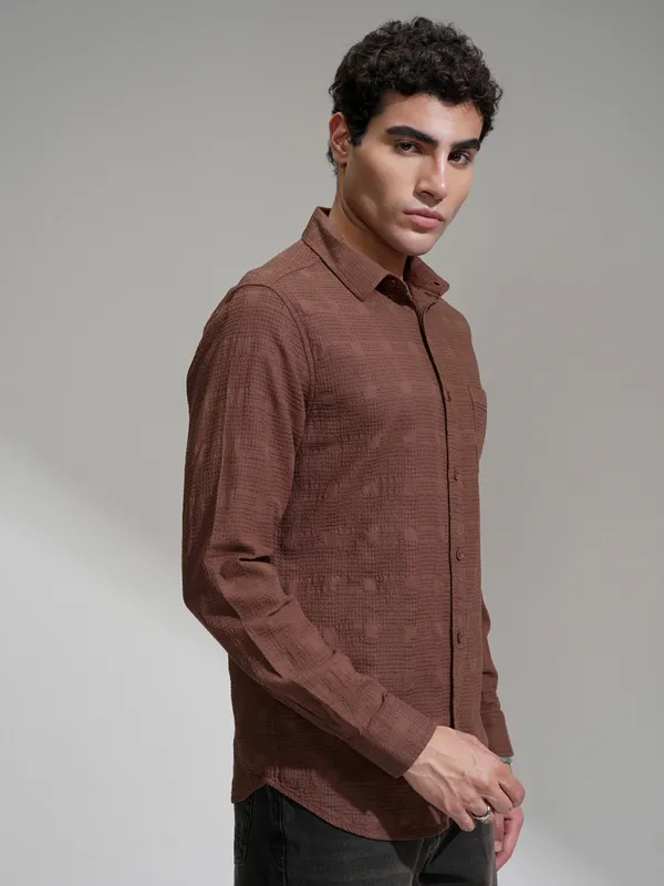 Highlander Men Coffee Brown Self Design Slim Fit Casual Shirt