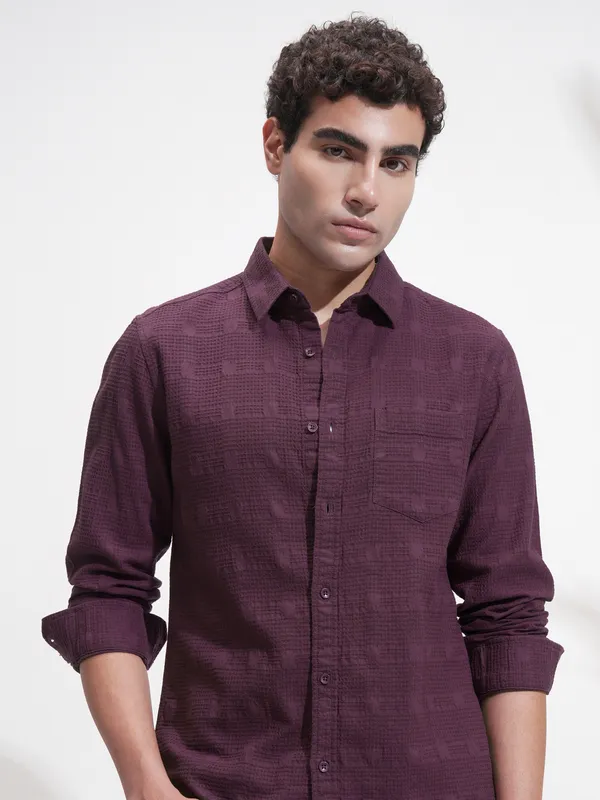 Highlander Men Purple Self Design Slim Fit Casual Shirt