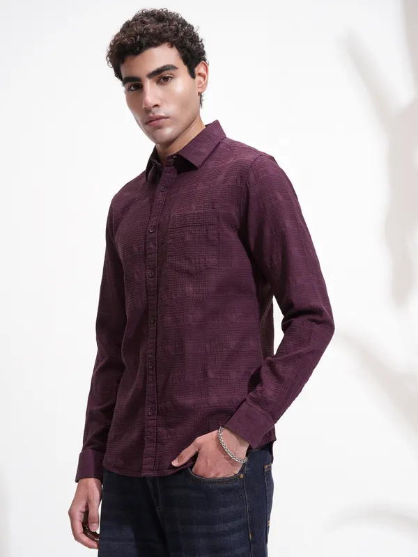 Highlander Men Purple Self Design Slim Fit Casual Shirt
