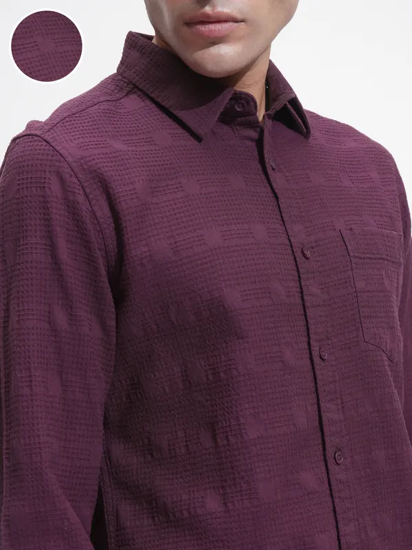 Highlander Men Purple Self Design Slim Fit Casual Shirt
