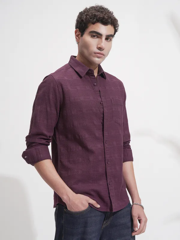 Highlander Men Purple Self Design Slim Fit Casual Shirt