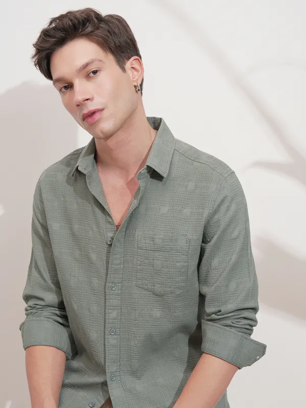 Highlander Men Green Self Design Slim Fit Casual Shirt