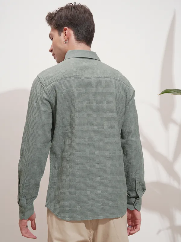 Highlander Men Green Self Design Slim Fit Casual Shirt