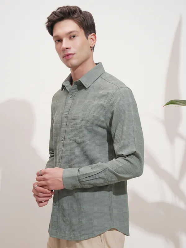 Highlander Men Green Self Design Slim Fit Casual Shirt
