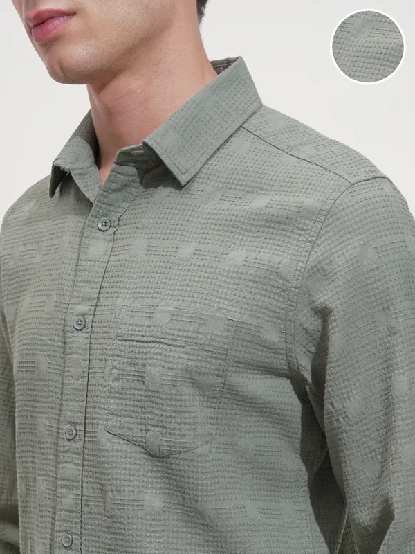 Highlander Men Green Self Design Slim Fit Casual Shirt