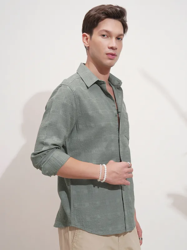 Highlander Men Green Self Design Slim Fit Casual Shirt