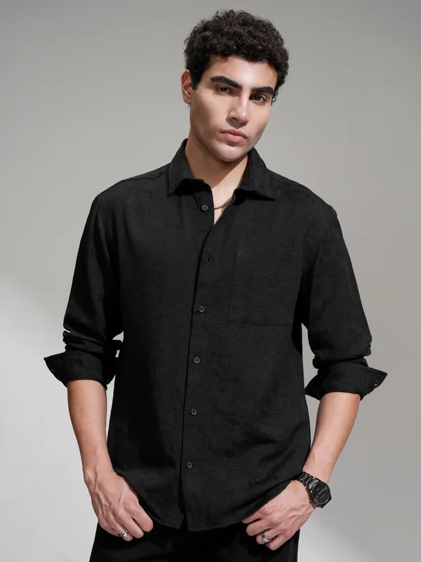 Highlander Men Black Self Design Relaxed Fit Casual Shirt