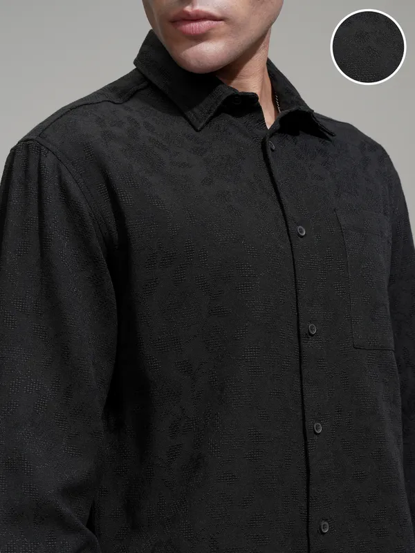 Highlander Men Black Self Design Relaxed Fit Casual Shirt