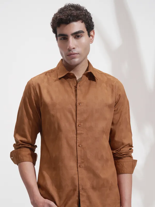 Highlander Men Rust Self Design Slim Fit Casual Shirt