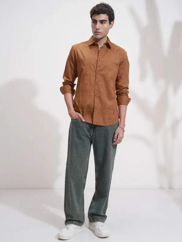 Highlander Men Rust Self Design Slim Fit Casual Shirt