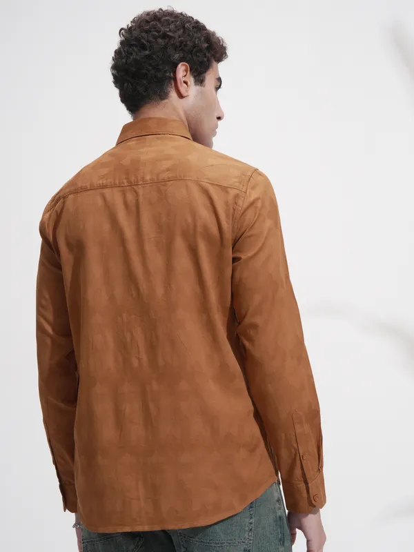 Highlander Men Rust Self Design Slim Fit Casual Shirt