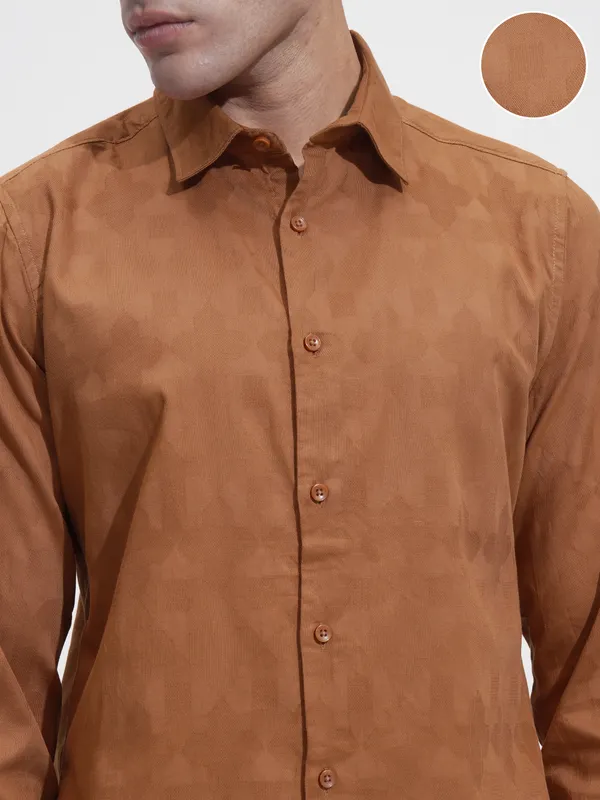 Highlander Men Rust Self Design Slim Fit Casual Shirt