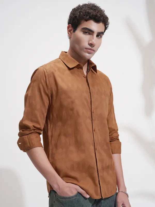 Highlander Men Rust Self Design Slim Fit Casual Shirt