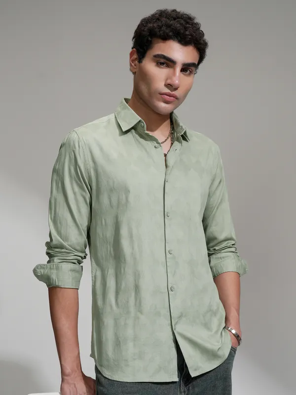 Highlander Men Green Self Design Slim Fit Casual Shirt