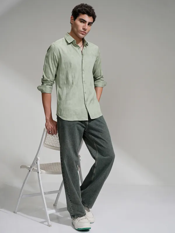 Highlander Men Green Self Design Slim Fit Casual Shirt