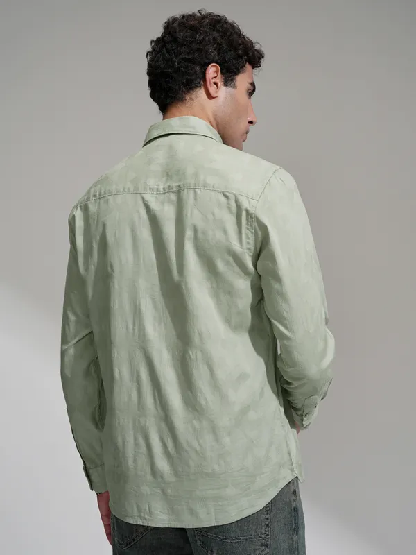 Highlander Men Green Self Design Slim Fit Casual Shirt