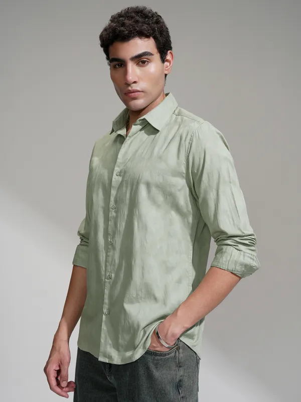 Highlander Men Green Self Design Slim Fit Casual Shirt