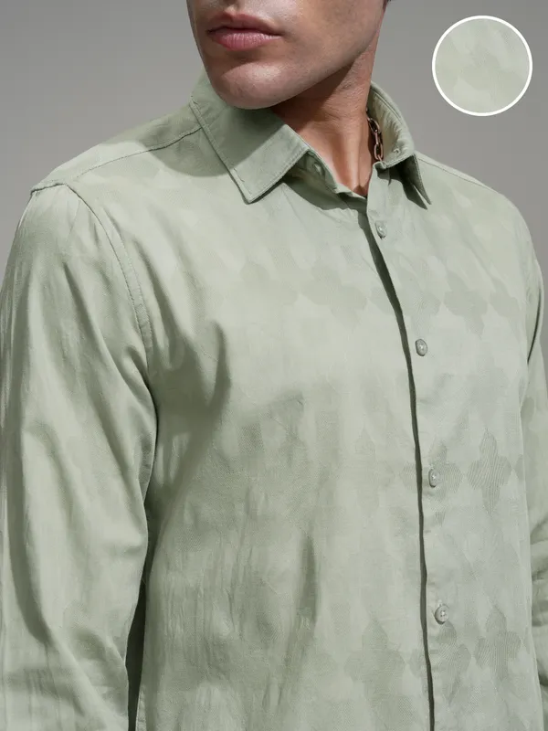 Highlander Men Green Self Design Slim Fit Casual Shirt