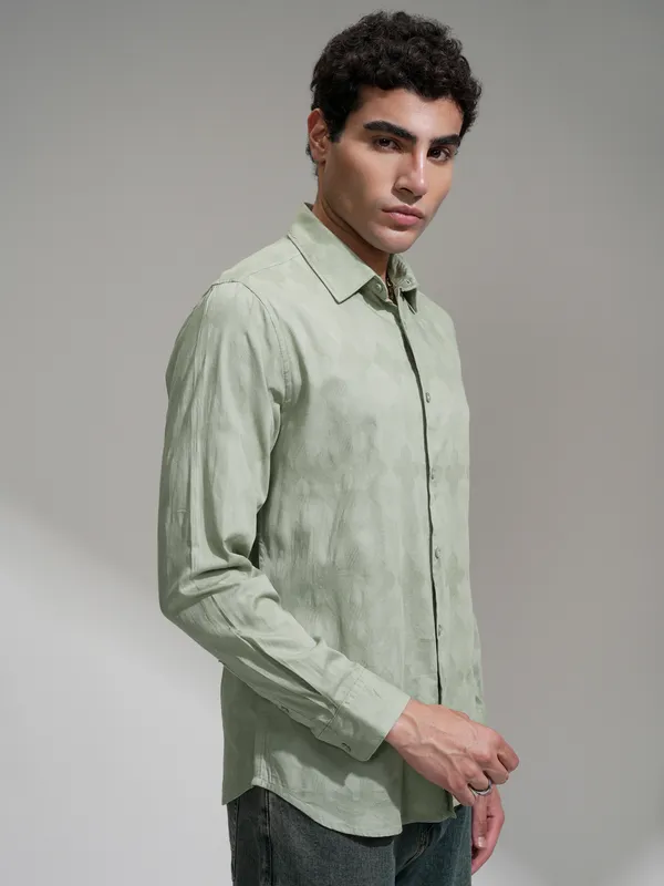 Highlander Men Green Self Design Slim Fit Casual Shirt