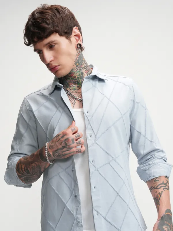 Highlander Men Blue Self Design Slim Fit Casual Shirt