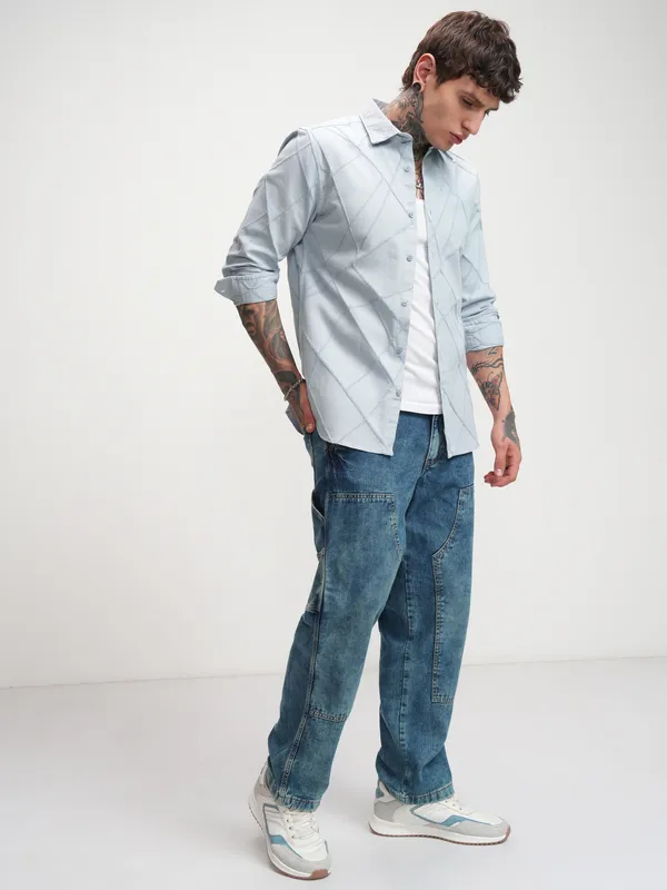 Highlander Men Blue Self Design Slim Fit Casual Shirt