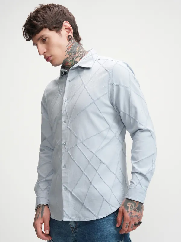 Highlander Men Blue Self Design Slim Fit Casual Shirt
