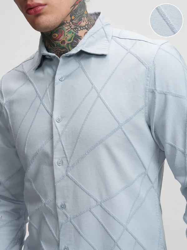 Highlander Men Blue Self Design Slim Fit Casual Shirt