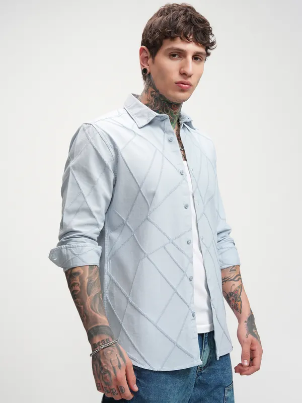Highlander Men Blue Self Design Slim Fit Casual Shirt