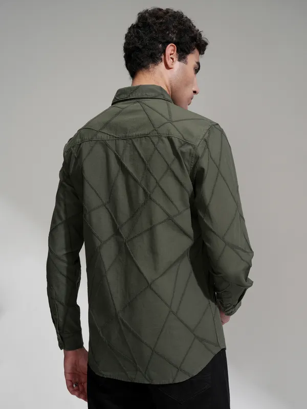 Highlander Men Olive Self Design Slim Fit Casual Shirt