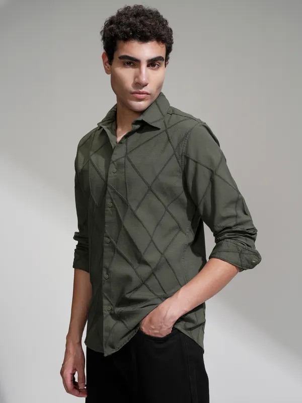 Highlander Men Olive Self Design Slim Fit Casual Shirt