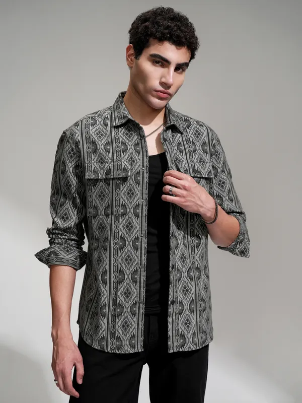 Highlander Men Charcoal Self Design Relaxed Fit Casual Shirt