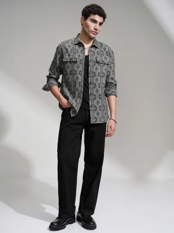 Highlander Men Charcoal Self Design Relaxed Fit Casual Shirt