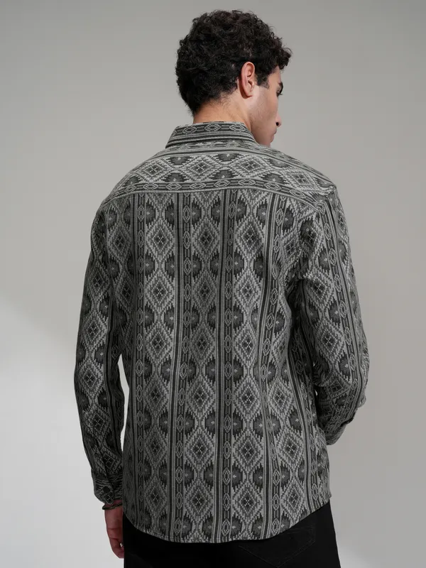 Highlander Men Charcoal Self Design Relaxed Fit Casual Shirt