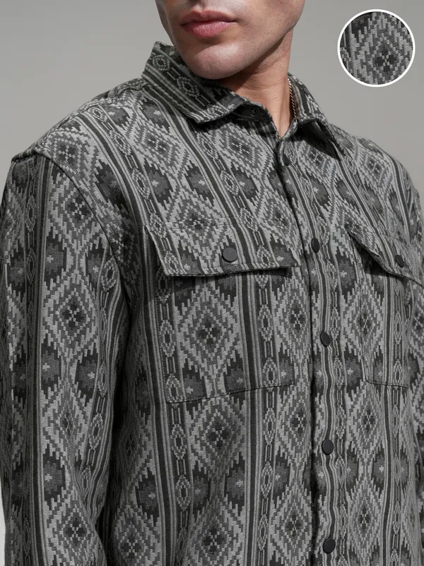 Highlander Men Charcoal Self Design Relaxed Fit Casual Shirt