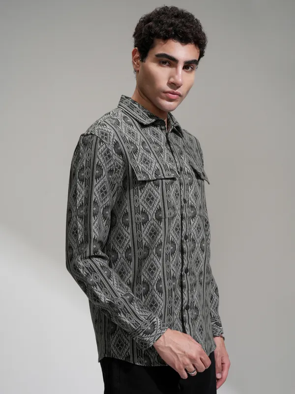 Highlander Men Charcoal Self Design Relaxed Fit Casual Shirt