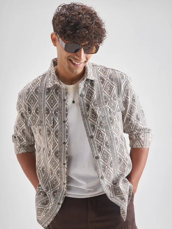 Highlander Men Brown Self Design Relaxed Fit Casual Shirt