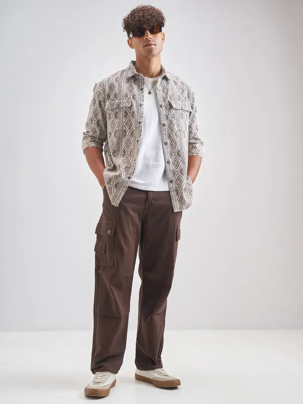 Highlander Men Brown Self Design Relaxed Fit Casual Shirt