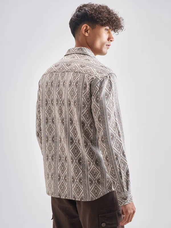 Highlander Men Brown Self Design Relaxed Fit Casual Shirt