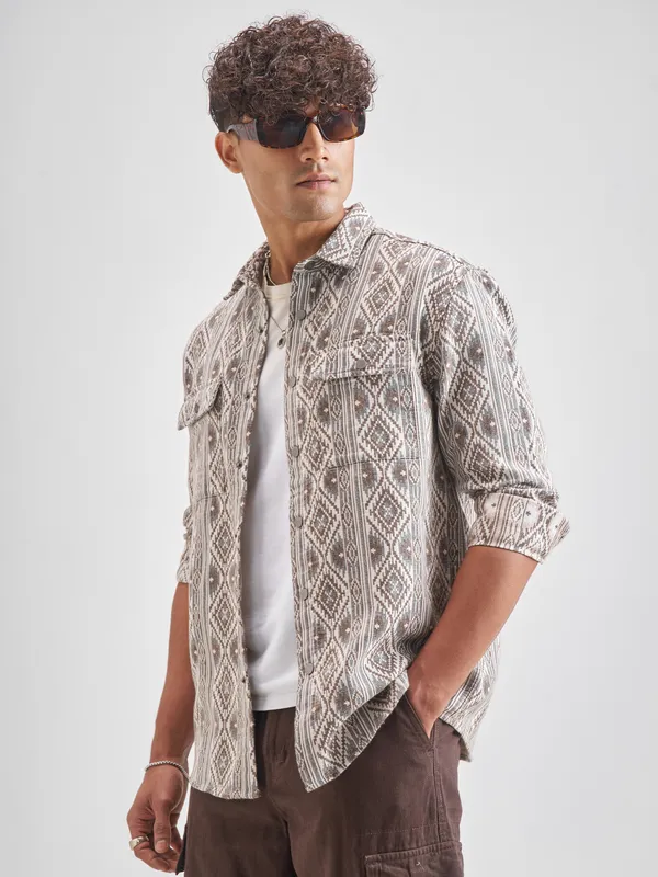 Highlander Men Brown Self Design Relaxed Fit Casual Shirt