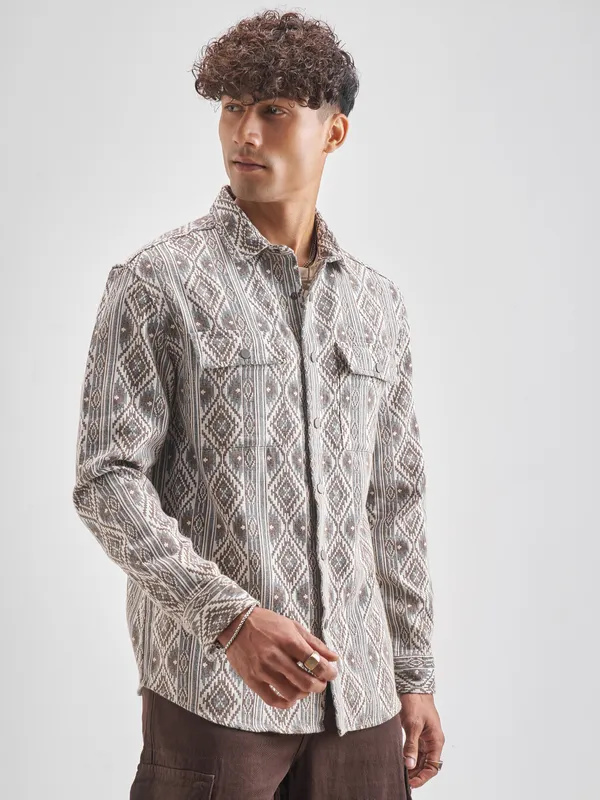 Highlander Men Brown Self Design Relaxed Fit Casual Shirt