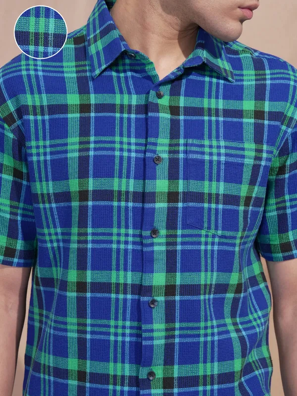 Highlander Men Blue Checked Relaxed Fit Casual Shirt